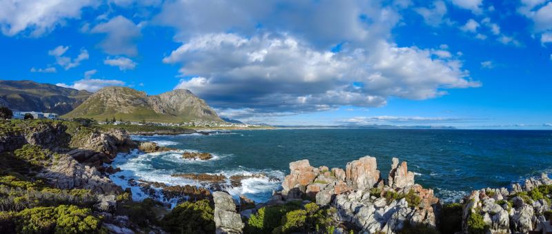 Felsküste bei Hermanus mit Fynbos im Vordergrund, Brandung und Wolken über den Bergen